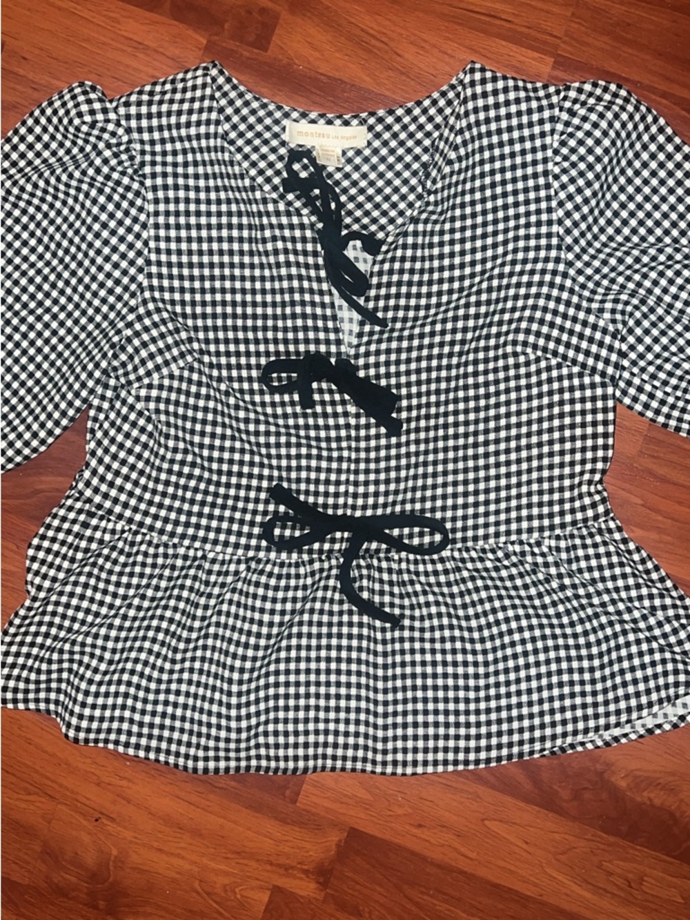 Montclair Black & White Gingham Tie-Front Peplum Top